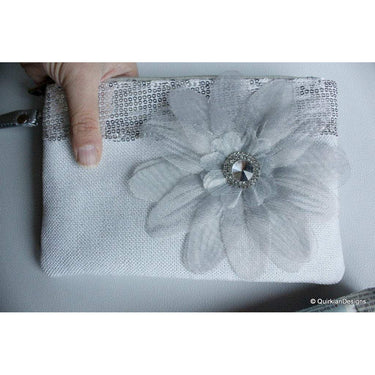 Wedding Party Clutch, Silver Fabric Purse, Sequins Purse
